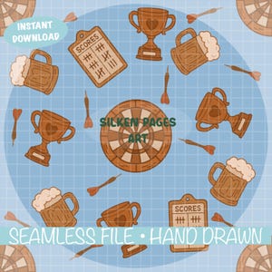 May include: A seamless digital file featuring hand-drawn illustrations of darts, dartboards, trophies, and mugs of beer. The design includes the text "Instant Download" and "Silken Pages Art". The background is a light blue grid.