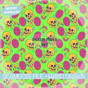 May include: Seamless digital file with a repeating pattern of yellow skulls, pink fingerprints, question marks, and knives on a bright green background. The words "Instant Download", "Silken Pages Art", "Seamless File", and "Hand Drawn" are also visible.