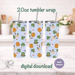 St Patrick’s Day Tumbler Wrap PNG, Shamrock Clover Sublimation Design, 20oz Skinny Tumbler Wrap, Leprechaun Hat Pot of Gold PNG