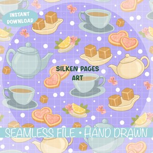 May include: A seamless pattern featuring hand-drawn illustrations of teacups, teapots, heart-shaped cookies, lemon slices, and caramel candies on a lavender background. The text "Silken Pages Art" and "Seamless File • Hand Drawn" are included.