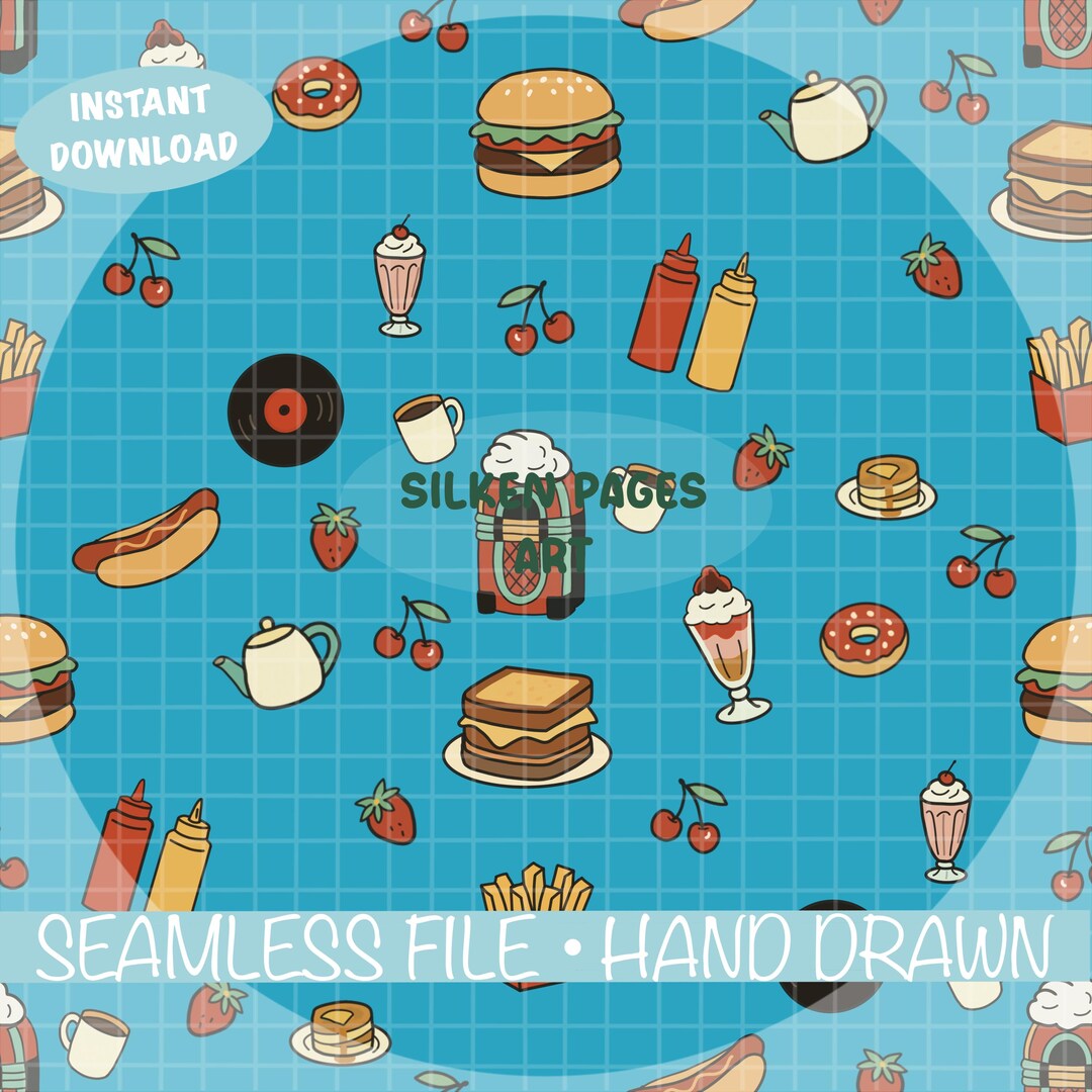 Cute Retro Diner Seamless Pattern | Vintage Food & Coffee Digital Paper ...