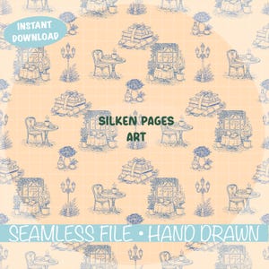 May include: A seamless pattern with a pale orange background and a grid design. The pattern features hand-drawn illustrations of gift boxes, tables, chairs, and floral arrangements in blue. Text includes "INSTANT DOWNLOAD", "SILKEN PAGES ART", and "SEAMLESS FILE HAND DRAWN".