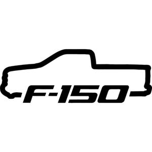 May include: Black and white outline of an F-150 pickup truck. The truck's silhouette is depicted with a flatbed and cab, with the text "F-150" in a bold, sans-serif font below the truck.