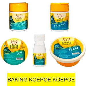 May include: A collection of five Koepoe Koepoe baking ingredients including two white plastic jars with yellow lids labelled Baking Powder and Soda Kue, two round containers labelled SP and TBM, and one small clear bottle labelled Perisa Vanilla.