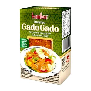 Könnte beinhalten: Eine rechteckige Schachtel Bamboe Bumbu Gado Gado Mischung für indonesischen Salat. Die grüne Verpackung zeigt einen weißen Teller mit Salat und Erdnusssoße, den Text "Bumbu Gado Gado", ein Halal-Logo und ein Nettogewicht von 200 g auf der Vorderseite.