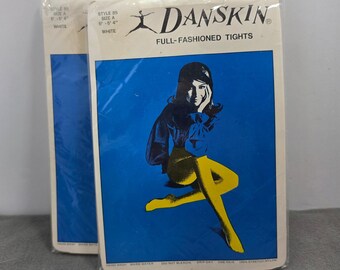 Vintage Danskin Style 85 White Full Fashioned Tights Size A 100% Nylon 2 Pairs