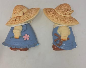 Vintage 1987 Miller Studio Chalkware Wall Art Set Country Boy Girl Straw Hats