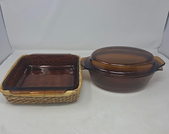 Pyrex Visions Amber Glass Cookware Set Round Casserole Square Baker WickerBasket