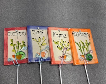 Set of 4 Ceramic Herb Garden Markers Basil Oregano Thyme Rosemary Metal Stakes
