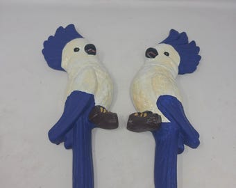 Vintage Blue and White Cockatoo Bird Wall Hanging Pair Hand Painted Tropical Art