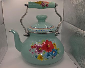 The Pioneer Woman Breezy Blossom Teal Floral Enamel on Steel Tea Kettle