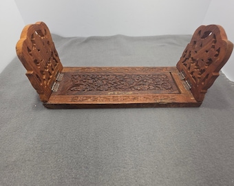 Vintage Hand Carved Floral Wood Book Slide Expandable Folding Desk Bookends B