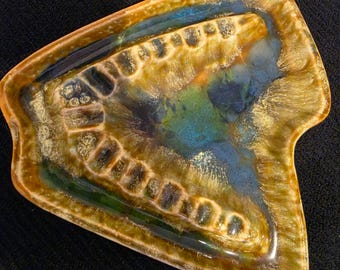 Vintage MCM Boomerang Ceramic Ashtray USA Drip Glaze Yellow Green Blue Retro