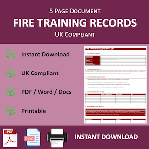 Puede incluir: Un documento de 5 páginas titulado Fire Training Records UK Compliant, que presenta una lista de características que incluyen Instant Download, UK Compliant, PDF/Word/Docs y Printable. El documento incluye secciones de control y alcance.
