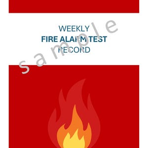May include: A document cover with a red top and bottom border and a white center section. The text reads WEEKLY FIRE ALARM TEST RECORD in dark blue capital letters. A stylized flame graphic in red, orange, and yellow sits below the text.