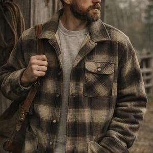 May include: A brown and tan plaid jacket with a matching cap. The jacket has two chest pockets and two lower pockets. The person is also wearing a gray shirt and carrying a brown leather bag.