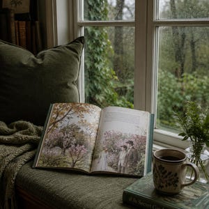 May include: An open book with a colorful illustration of a garden scene rests on a green cushion, next to a mug of coffee. A copy of "The Secret Garden" is also visible. The scene is set by a window with a view of a lush, green outdoor space.