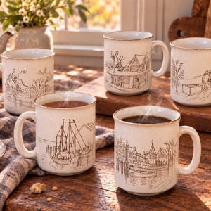 May include: A collection of five off-white ceramic mugs with a speckled finish and brown rim detailing. Each mug features a unique black line-art illustration depicting various outdoor scenes, including a sailboat, a town, and rural landscapes.