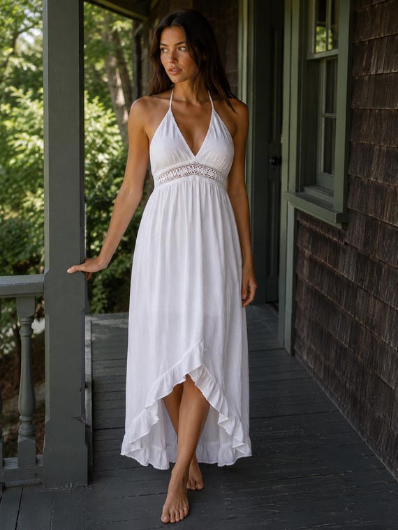 cotton halter dress Seaspice White Peruvian XL | Crochet Lace Bodice | High Low Maxi Dress | Resort Wear Made in Peru Color:Limone Lulus | Green Romantic after 5 Womens dresses up back Signature hand