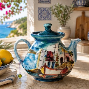 Puede incluir: Una tetera de cerámica pintada a mano con un diseño costero azul y blanco. La tetera tiene tapa, asa y boquilla, y está decorada con una escena de edificios, barcos y agua. Un pequeño cuenco de limones está cerca.