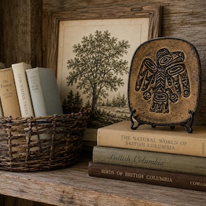 May include: A square ceramic plate with a dark brown embossed eagle design on a tan background, displayed on a black metal stand atop a stack of three books titled The Natural World of British Columbia, British Columbia, and Birds of British Columbia.