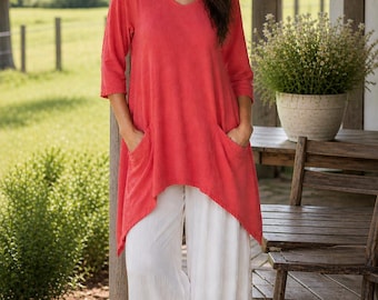 Coral Textured Cotton Tunic Top | Relaxed Fit | Asymmetrical Hem | Oversized Pocket Detail | Made in Mexico