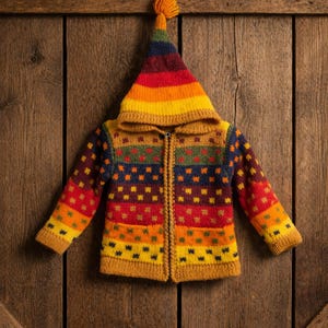 May include: A vibrant, hooded zip-up sweater with a rainbow-striped hood and a pom-pom. The sweater has a geometric pattern in shades of red, orange, yellow, green, and blue. The garment is displayed against a wooden background.