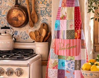 Vintage Patchwork Apron – “Positano” Embroidered Kitchen Apron – Cottagecore Patchwork Cooking Apron – Handmade Style Quilt Apron – Colorful
