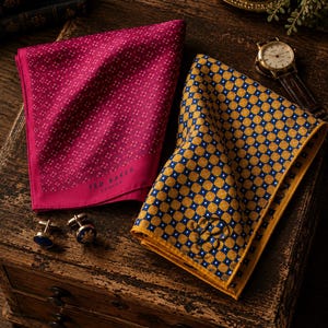 May include: Two patterned pocket squares, one fuchsia with a small dot pattern and the other gold with a blue and white dot pattern. The fuchsia square has the text "TED BAKER LONDON". Also, a pair of cufflinks and a watch.