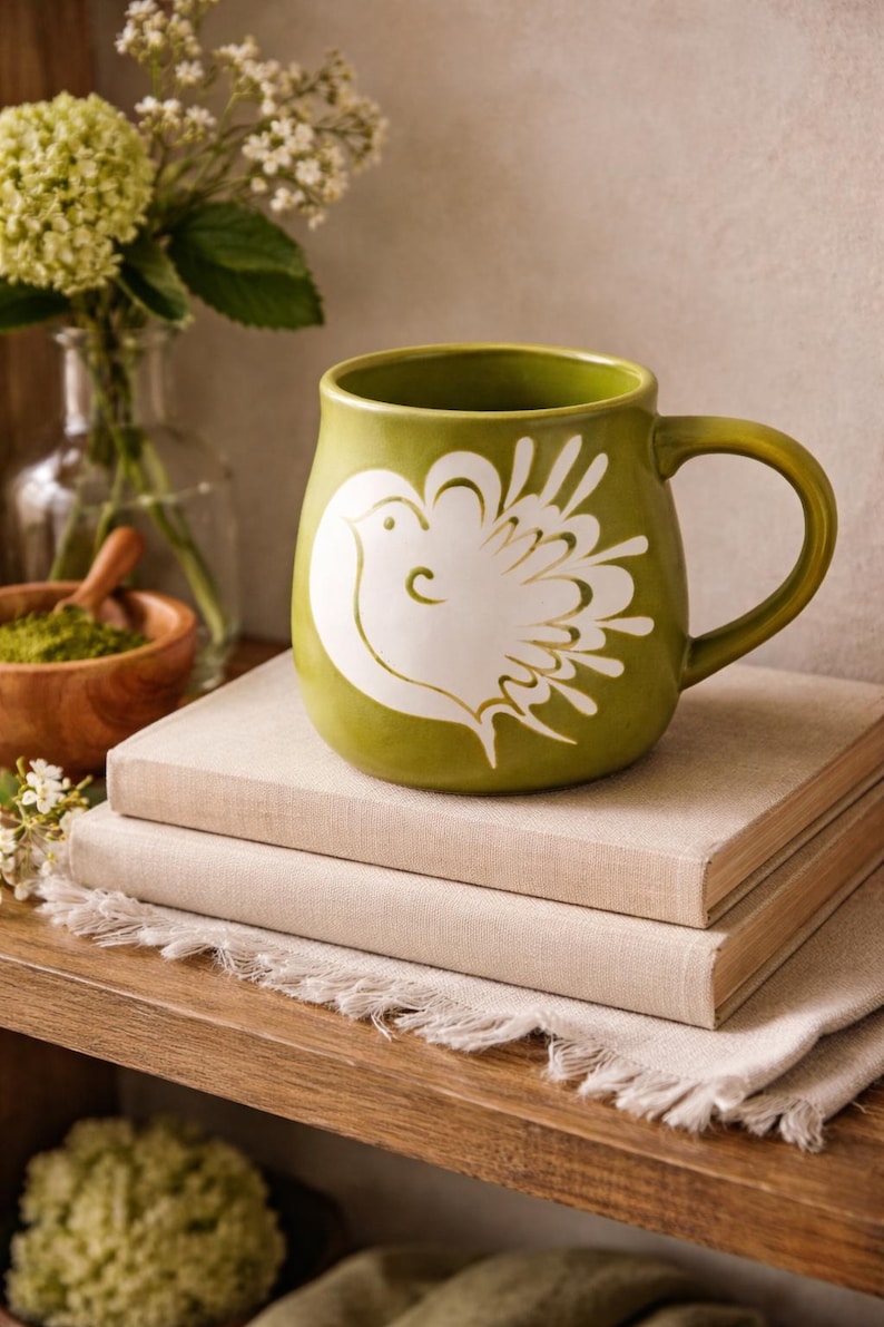 May include: Green ceramic mug with a white bird design. The mug has a rounded shape and a large handle. It sits on top of two books with beige covers. The mug is part of a home decor collection.