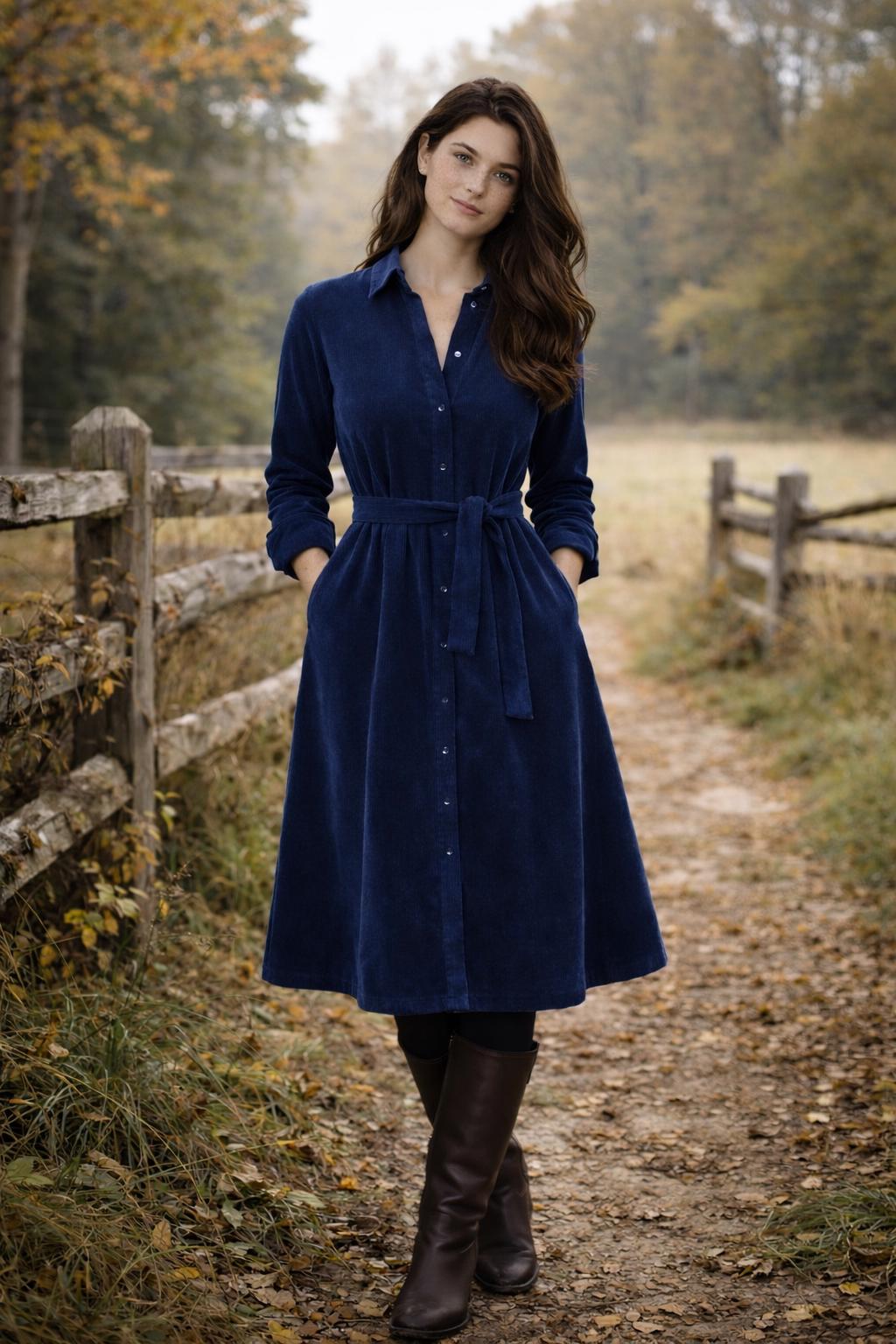 blue corduroy dress Brooks Brothers Shirt Dress, Ink Belted Midi Dress, Cottage Core Fall Dress, Heritage Style Button Front common_color:beige Move through your day Size:16 (US) / 41 (EU) The Row, Barina lace-trimmed