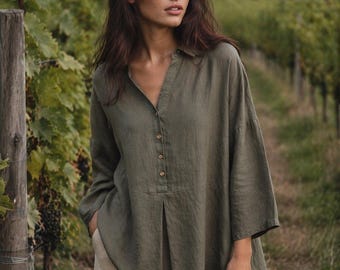 Bohemiana Linen Top Made in Europe | Oversized Lagenlook Olive Linen Blouse | Relaxed Fit Button Front Tunic | Minimalist European Style