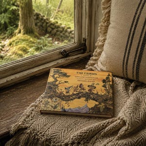 May include: A hardcover book titled The Fairies, a poem by William Allingham, illustrated by Michael Hague. The cover features a detailed ink and watercolor illustration of small figures walking along a tree branch against a golden yellow background.