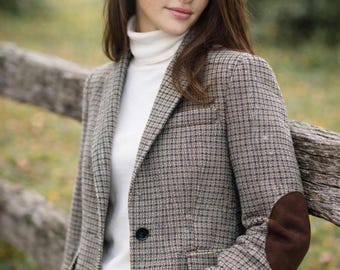 Vintage Inspired J.Crew Wool Blazer | Moon England Tweed | Elbow Patch Jacket | Cropped Tailored Houndstooth Size 6
