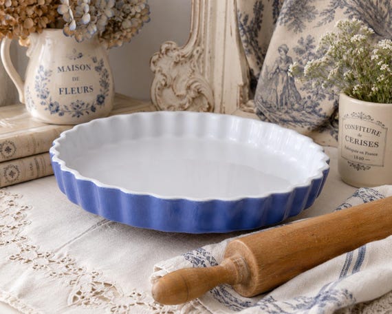 Vintage Emile Henry France 9” Blue Fluted Pie Dish | French
