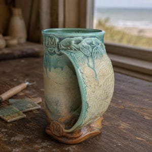 Robert McMillan PEI Studio Pottery Mug, Signed Sculptural Botanical Mug, Canadian Art Pottery, Large Handmade Tankard