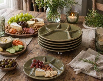 Juego de 6 platos divididos vintage de Beauce Canada / Esmalte verde oliva moteado / Platos para aperitivos/salsas de 23 cm / Cerámica de mediados de siglo 2343