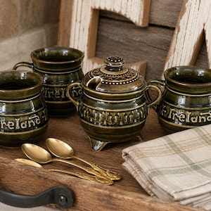 Vintage Shannon Ireland Footed Sugar Bowl & 3 Mug Set – Olive Green Irish Pottery – Shamrock Relief – Made in Ireland