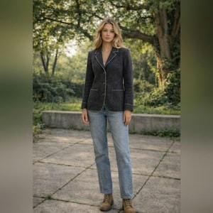 Italienischer Wollstrick-Blazer – MARY Made in Italy – Elbow Patch Sweater Jacket – Charcoal Wool Cardigan Blazer