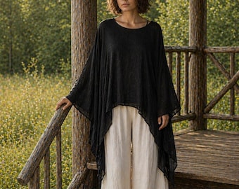 Black Cotton Gauze Lagenlook Tunic | Asymmetrical Handkerchief Hem Oversized Layering Top
