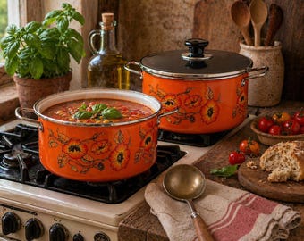Juego de ollas y sartenes vintage Marocchi italianas esmaltadas (2) / Ollas con estampado floral de amapolas naranjas / Acero porcelánico / Nuevo, de stock antiguo / Cocina europea de los años 70