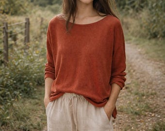 Eileen Fisher Organic Linen Knit Top | Rust Terracotta | Relaxed Boatneck Sweater | Lightweight Linen Pullover | Slow Fashion Minimalist