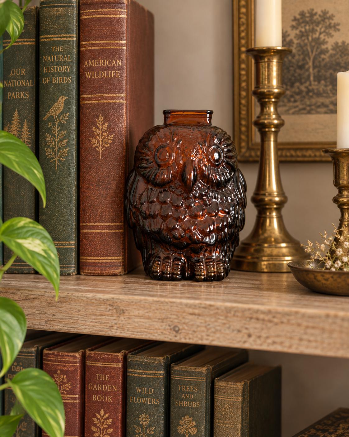 Vintage Amber Glass Wise Old Owl Figurine | 1970s Owl Collectible | Brown Pressed Glass Bird Decor