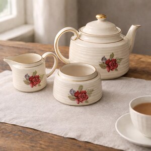 Peut inclure: Service à thé en céramique crème comprenant une théière, un pot à crème et un sucrier. Chaque pièce est ornée d'un motif floral de roses rouges et d'une bordure dorée. La théière a un couvercle avec un bouton doré et une anse incurvée.