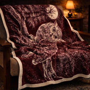 Vintage Owl Blanket Throw 42x62 Burgundy Cream Cabin Lodge Rustic Woodland Woven Throw Cozy Fireside
