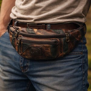 Op de afbeelding: Een bruine leren heuptas met een patchwork ontwerp, gedragen om de taille. De tas heeft meerdere vakken met ritssluiting en een bruine leren riem. De heuptas wordt gedragen over een blauwe spijkerbroek en een grijs t-shirt.