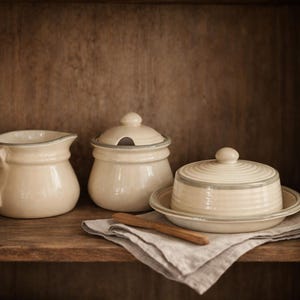 Peut inclure: Une cruche, un pot couvert et un beurrier en céramique crème, avec un couteau à beurre en bois, reposent sur une étagère en bois. La poterie a une bordure grise et repose sur une serviette en lin. Les articles sont exposés dans une armoire en bois.