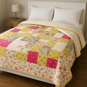 May include: A colourful patchwork quilt with a floral and geometric design. The quilt features squares of yellow, pink, and cream fabric, with floral patterns and a yellow border. The quilt is on a bed with white pillows.