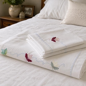 Vintage Italian Luxury Linens | Flat Sheet & 2 Pillowcases | Satin Appliqué Embroidery | White Cotton Percale | Decorative Blue Stitching