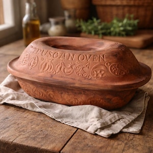 Hornillo toscano de terracota con tapa / Asador rústico italiano de barro / Fuente para hornear vintage con tapa / Decoración de cocina de estilo rústico